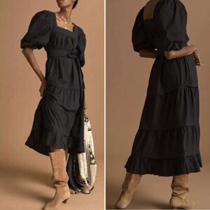 Anthropologie Love the Label Puff Sleeve Black Cotton Poplin Midi Dress - Small